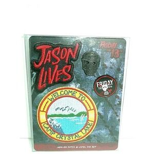 Friday the 13th Iron-On Patch & Lapel Pin Set Jason Lives Hockey Mask Crystal